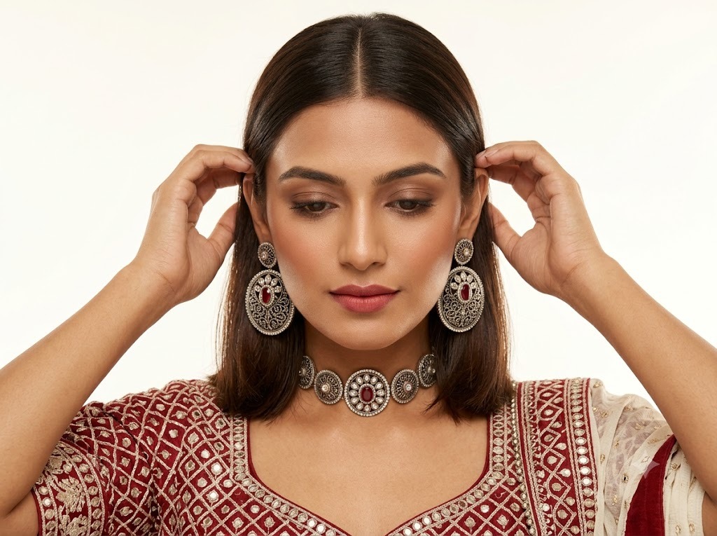 Woman wearing statement earrings and a traditional choker with a red ethnic outfit