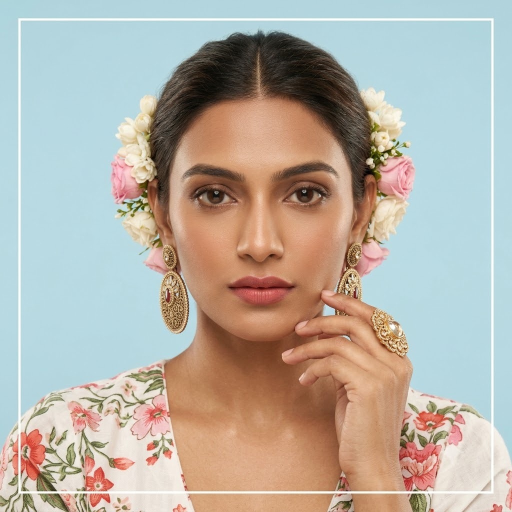 Woman wearing statement earrings and a traditional ring with a floral outfit